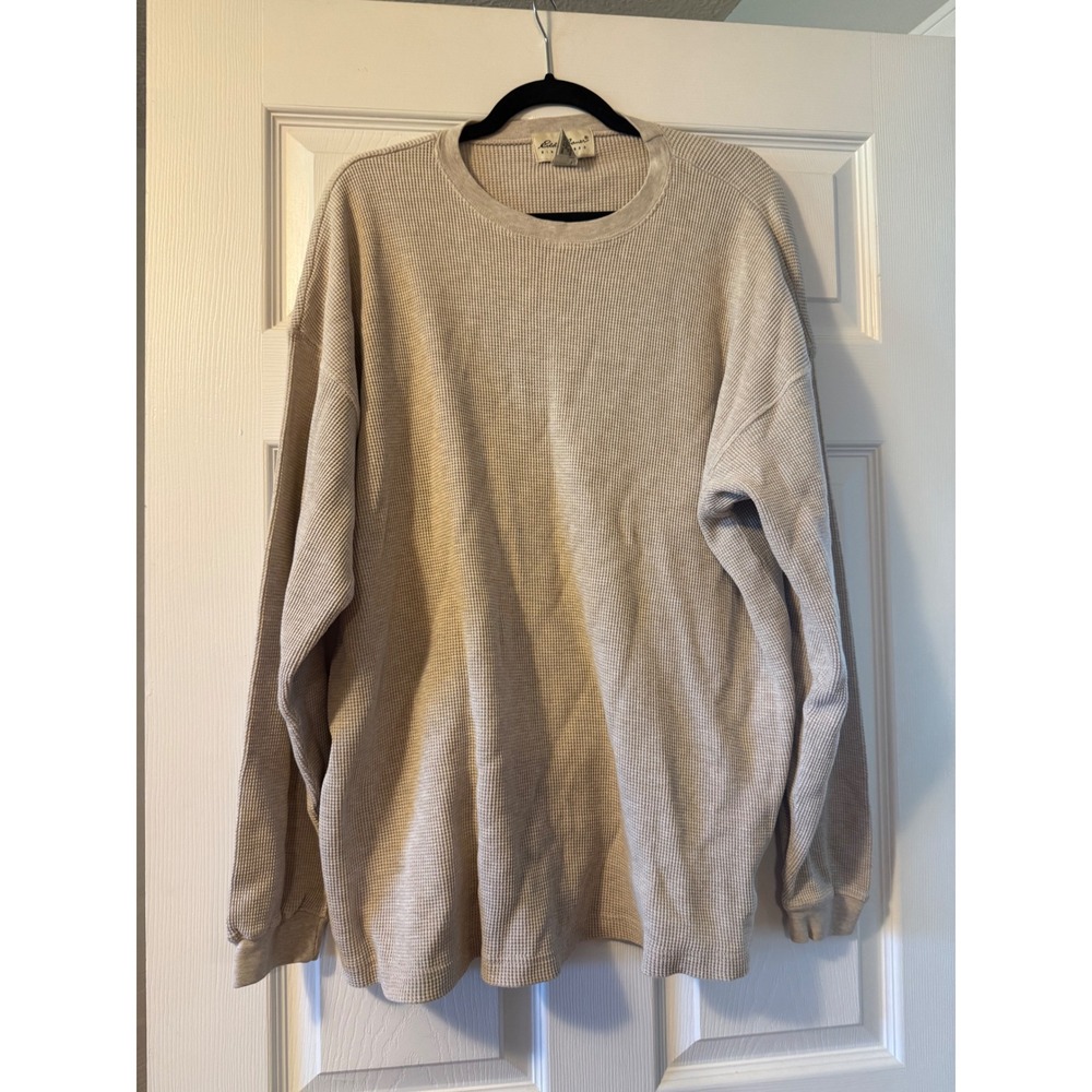 Eddie Bauer Mens Large Tan Waffle Knit Thermal Long Sleeve Crewneck Cotton Shirt